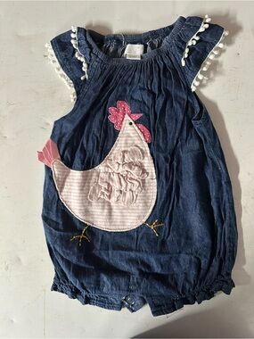 Mud Pie Navy Romper with Pink Chicken Appliqué